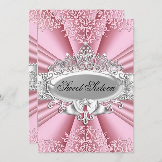 Invitation Pink Tiara Damask Sweet 16 Anniversaire (Devant / Derrière)