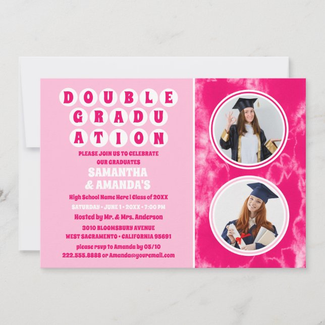 Invitation Pink Tie Dye Photo Double Graduation Party (Devant)