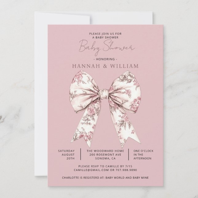Invitation Pink Toile Bow Ribbon Girl Baby Shower (Devant)