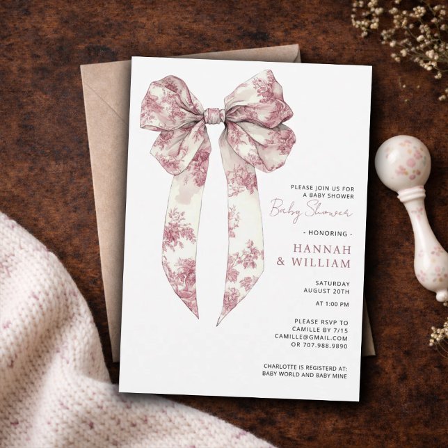 Invitation Pink Toile Coquette Ribbon Girl Baby Shower (Créateur téléchargé)