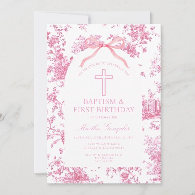 Invitation Pink Toile de Jouy Baptism & First Birthday Bow  (Devant)