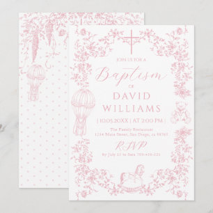 Invitation Pink Toile Girl Baptême Élégant numérique