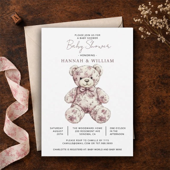 Invitation Pink Toile Teddy Bear Girl Baby Shower (Créateur téléchargé)