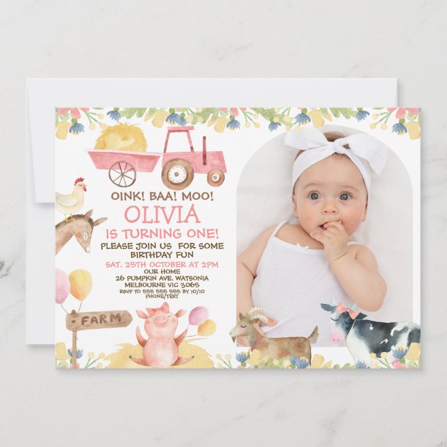 Invitation Pink Tractor Arch Farm Animaux 1er anniversaire (Devant)
