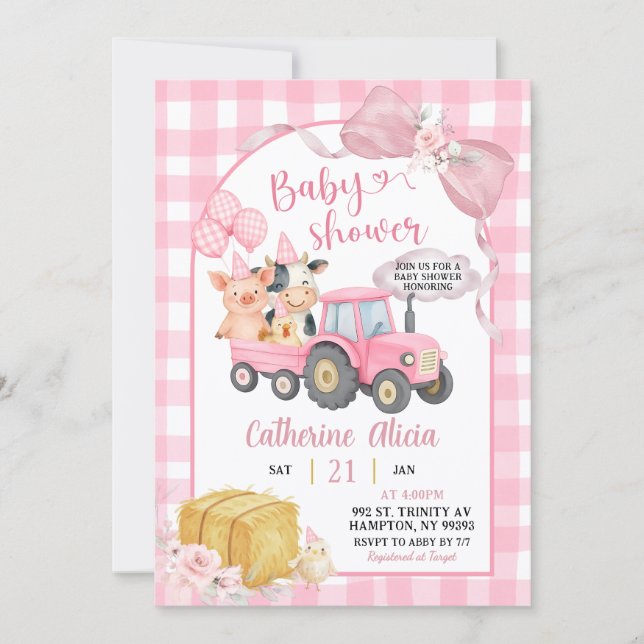 Invitation Pink Tractor Gingham Coquette Farm Baby Shower (Devant)