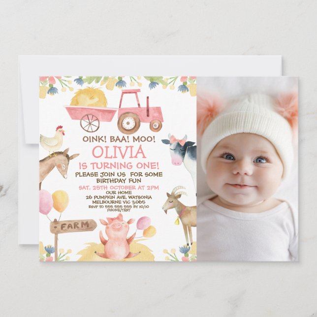 Invitation Pink Tractor Photo Farm Animaux 1er anniversaire (Devant)