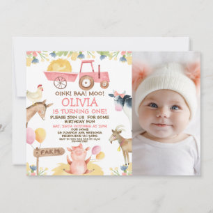 Invitation Pink Tractor Photo Farm Animaux 1er anniversaire