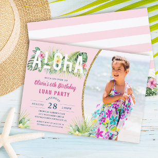 Invitation Pink Tropical Floral Aloha Luau Photo Anniversaire