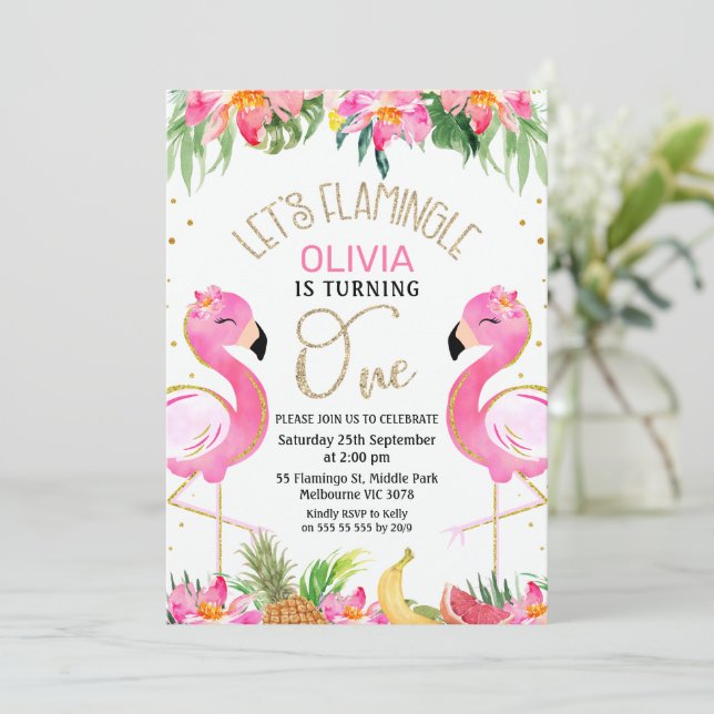 Invitation Pink Tropical Lets Flamingle Flamant rose 1er anni (Debout devant)