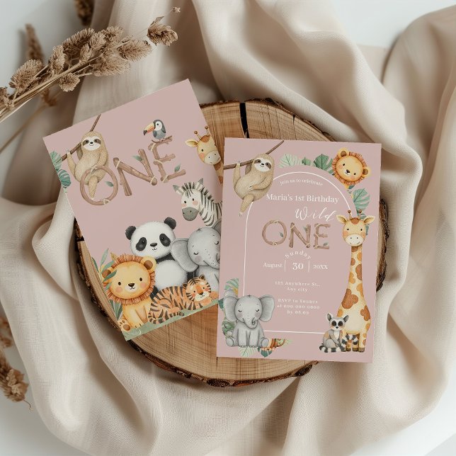 Invitation Pink Tropical Wild One Jungle Safari Animaux (Créateur téléchargé)