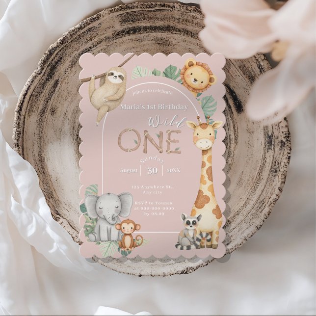 Invitation Pink Tropical Wild One Jungle Safari Animaux (Créateur téléchargé)