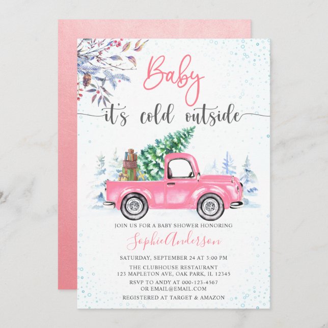 Invitation Pink Truck Baby C'est froid dehors Baby shower fil (Devant / Derrière)