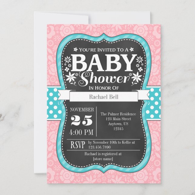 Invitation Pink Turquoise Chalkboard Floral Baby shower Invit (Devant)