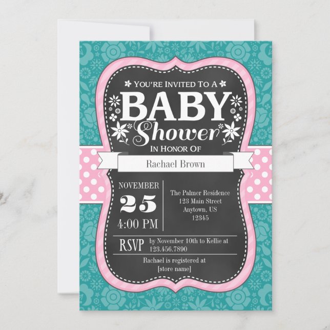 Invitation Pink Turquoise Chalkboard Floral Baby shower Invit (Devant)