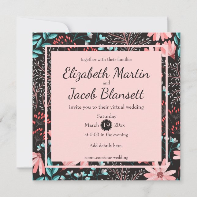 Invitation Pink & Turquoise Dark Floral Motif Mariage virtuel (Devant)