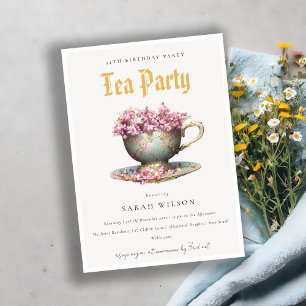 Invitation Pink Turquoise Gold Floral Tea Party Anniversaire