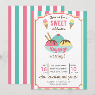 Invitation Pink Turquoise Retro Crème de glace fête d'anniver