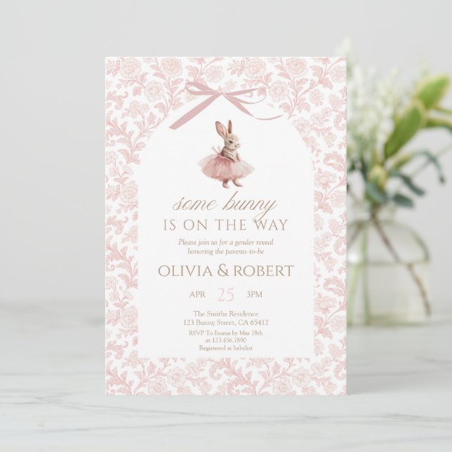Invitation Pink Tutu Bunny Floral Baby Shower (Debout devant)