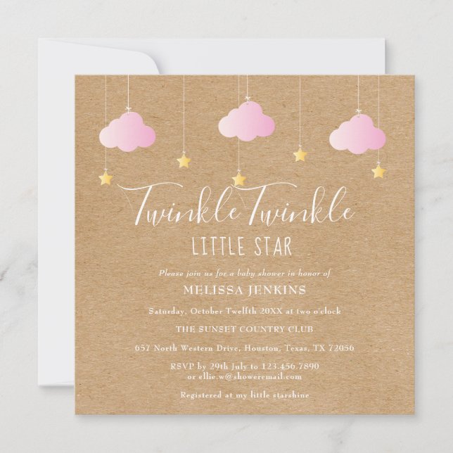 Invitation Pink Twinkle Twinkle Little Star Baby shower Boho (Devant)