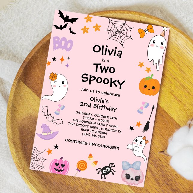 Invitation Pink Two Éffrayant Cute Ghost Halloween 2e Anniver (Pink Two Spooky Cute Ghost Halloween 2nd Birthday Invitation )
