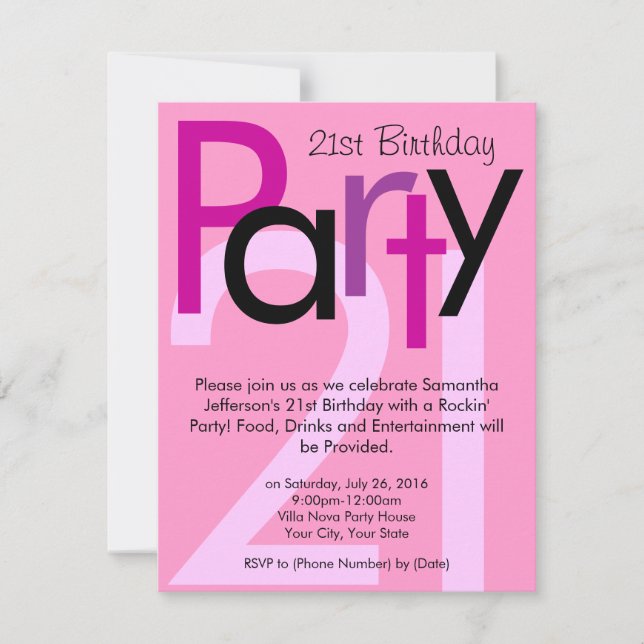 Invitation Pink Typeface 21ème anniversaire de fête Invitatio (Devant)