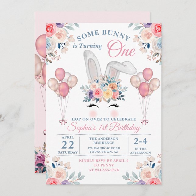 Invitation Pink Un Lapin Floral Balloon Girl Premier Annivers (Devant / Derrière)
