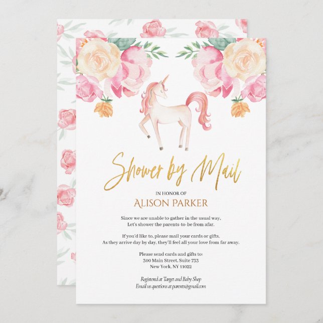 Invitation Pink Unicorn Baby shower d'aquarelle florale par c (Devant / Derrière)