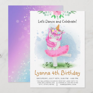 Invitation Pink Unicorn Ballerina Danse 4e fête d'anniversair