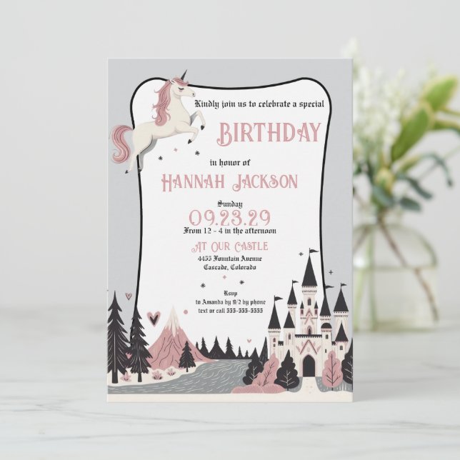 Invitation Pink Unicorn Castle fête d'anniversaire (Debout devant)