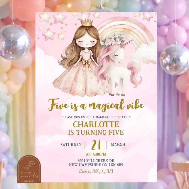 Invitation Pink Unicorn Five Is A Magical Vibe Birthday (Créateur téléchargé)