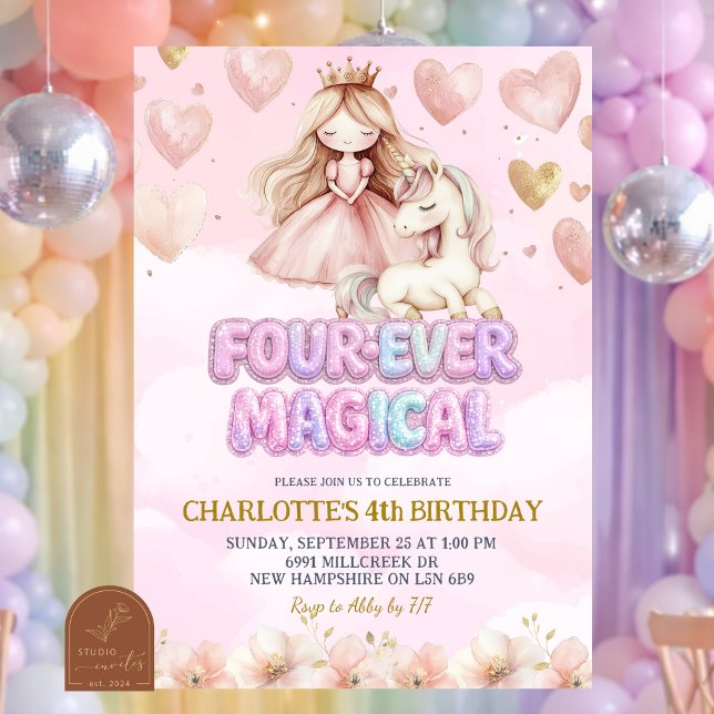 Invitation Pink Unicorn Four ever Magical Fourth Birthday (Créateur téléchargé)