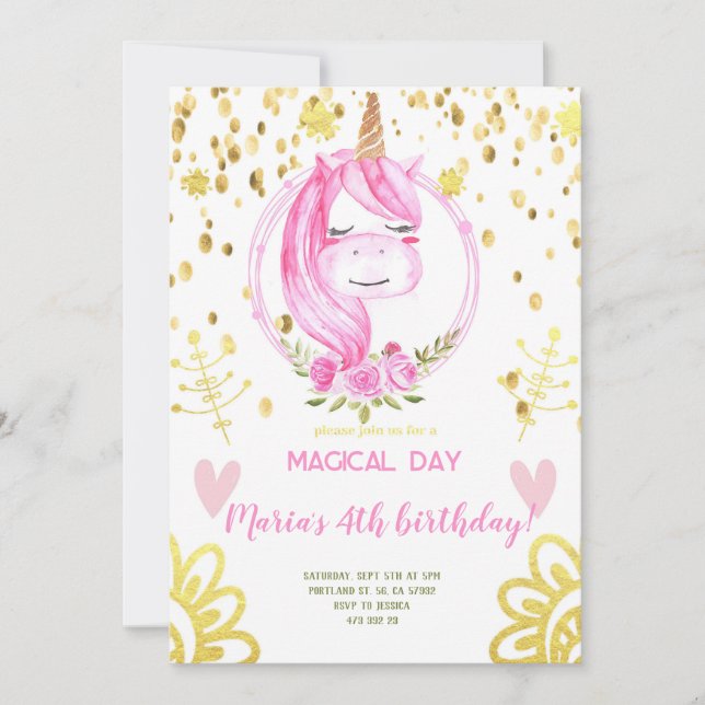 Invitation Pink Unicorn visage Gold Confetti Fille Anniversai (Devant)