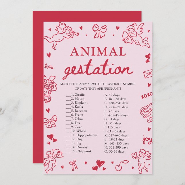 Invitation Pink Valentine Animal Gestation Baby Shower Game (Devant / Derrière)
