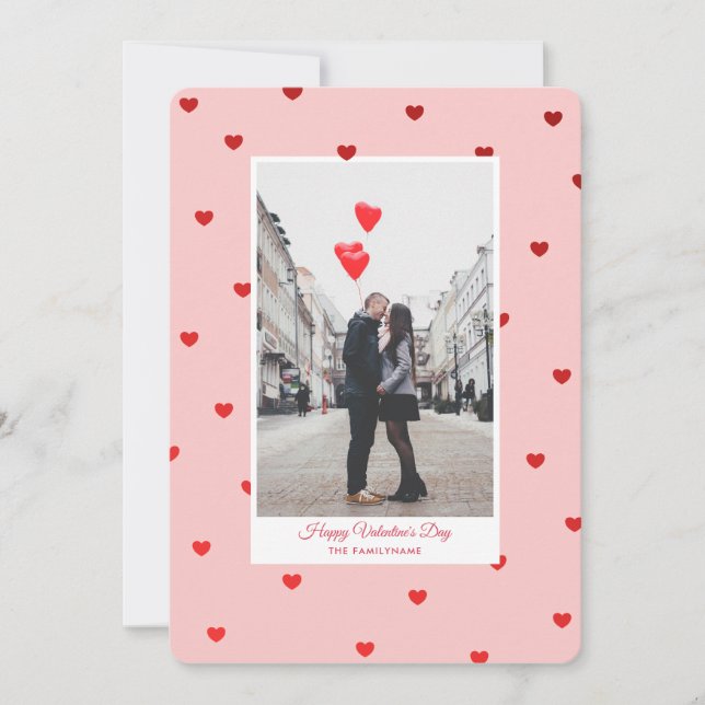Invitation Pink Valentine’s Day photo card with red hearts (Devant)
