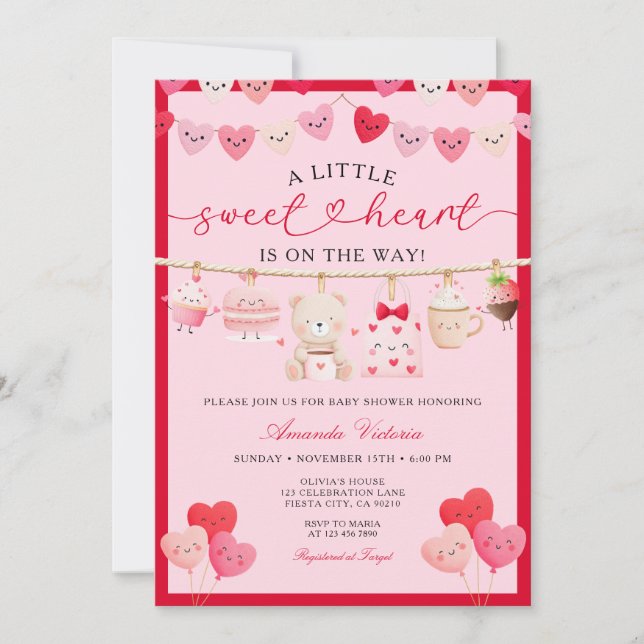 Invitation Pink Valentine Sweetheart Gift Bear Baby Shower (Devant)