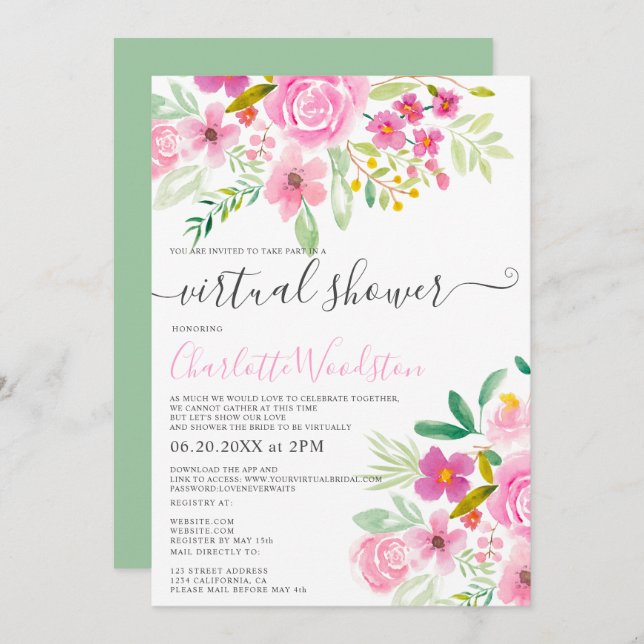 Invitation Pink vert floral aquarelle script douche virtuelle (Devant / Derrière)