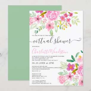 Invitation Pink vert floral aquarelle script douche virtuelle
