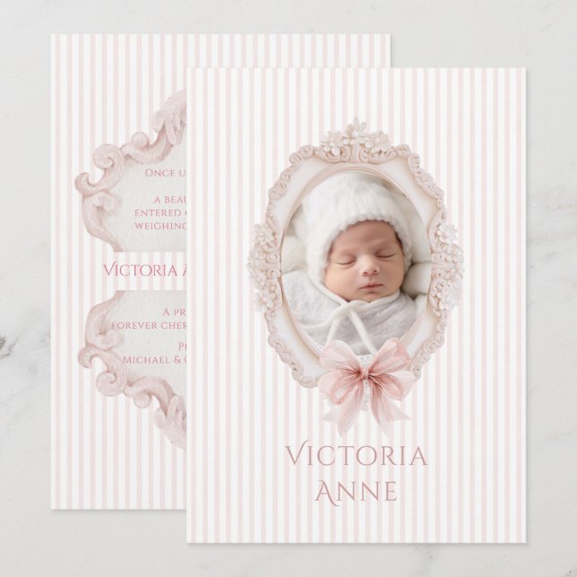 Invitation Pink Vintage Elegant Baby Girl Birth Announcement (Devant / Derrière)