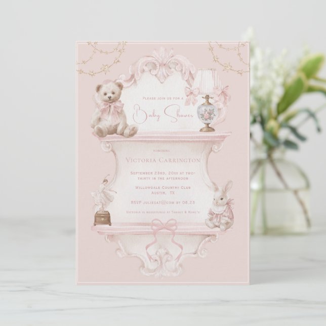 Invitation Pink Vintage Elegant Baby Shower (Debout devant)