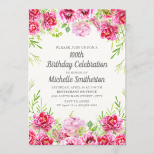 Invitation Pink Vintage Floral Greenery 100e anniversaire