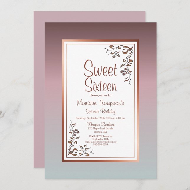 Invitation Pink Vintage Floral Sweet 16 Anniversaire (Devant / Derrière)