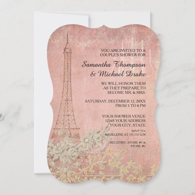 Invitation Pink Vintage Paris Parisien élégant Couples Douche (Dos)