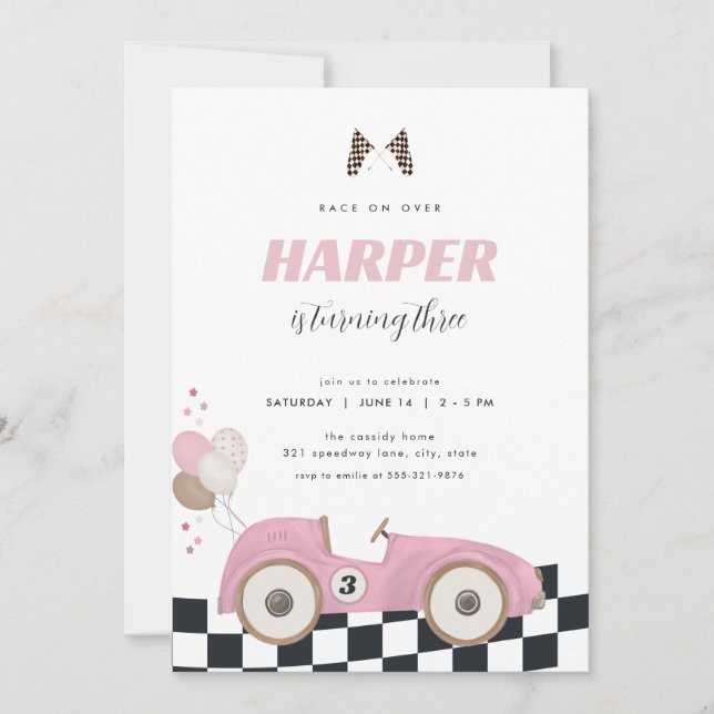 Invitation Pink Vintage Race Car Girl Birthday Invite  (Devant)