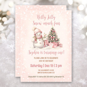 Invitation Pink Vintage Snowman fille Noël 1er anniversaire