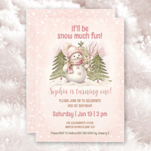 Invitation Pink Vintage Snowman Girl hiver 1er anniversaire