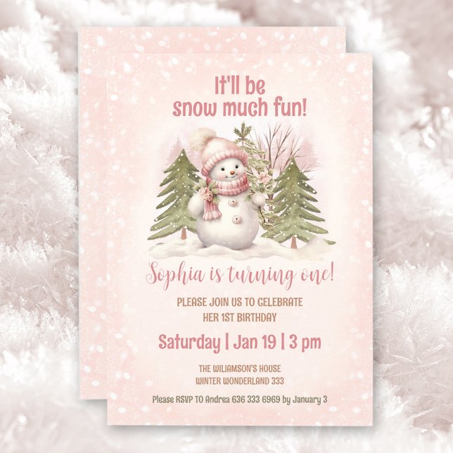 Invitation Pink Vintage Snowman Girl hiver 1er anniversaire (Winter Pink Vintage Snowman Birthday Invitation)
