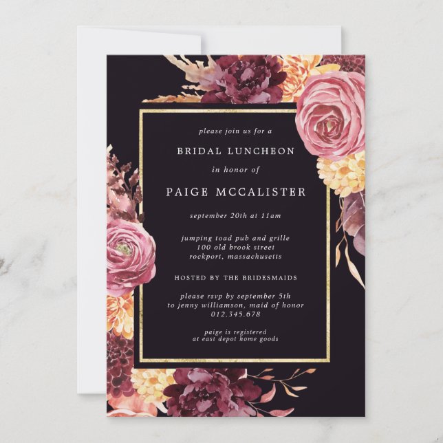 Invitation Pink violet Automne Floral Bridal Déjeuner (Devant)