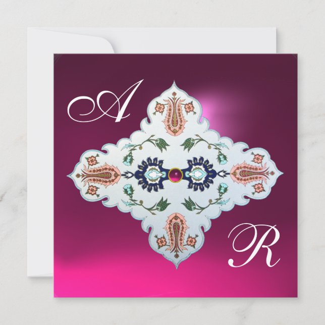 Invitation PINK VIOLET BLANC DAMAS MONOGRAMME Améthyste Fuchs (Devant)