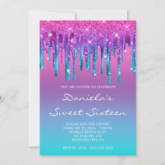 Invitation Pink violet bleu Turquoise Sweet sixteen dégradé d (Devant)