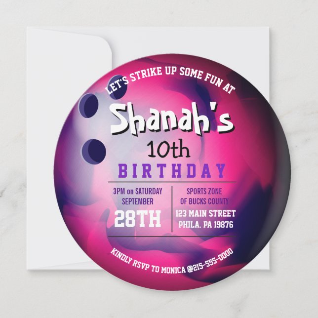 Invitation Pink violet BOWLING BALL ROND Anniversaire (Devant)